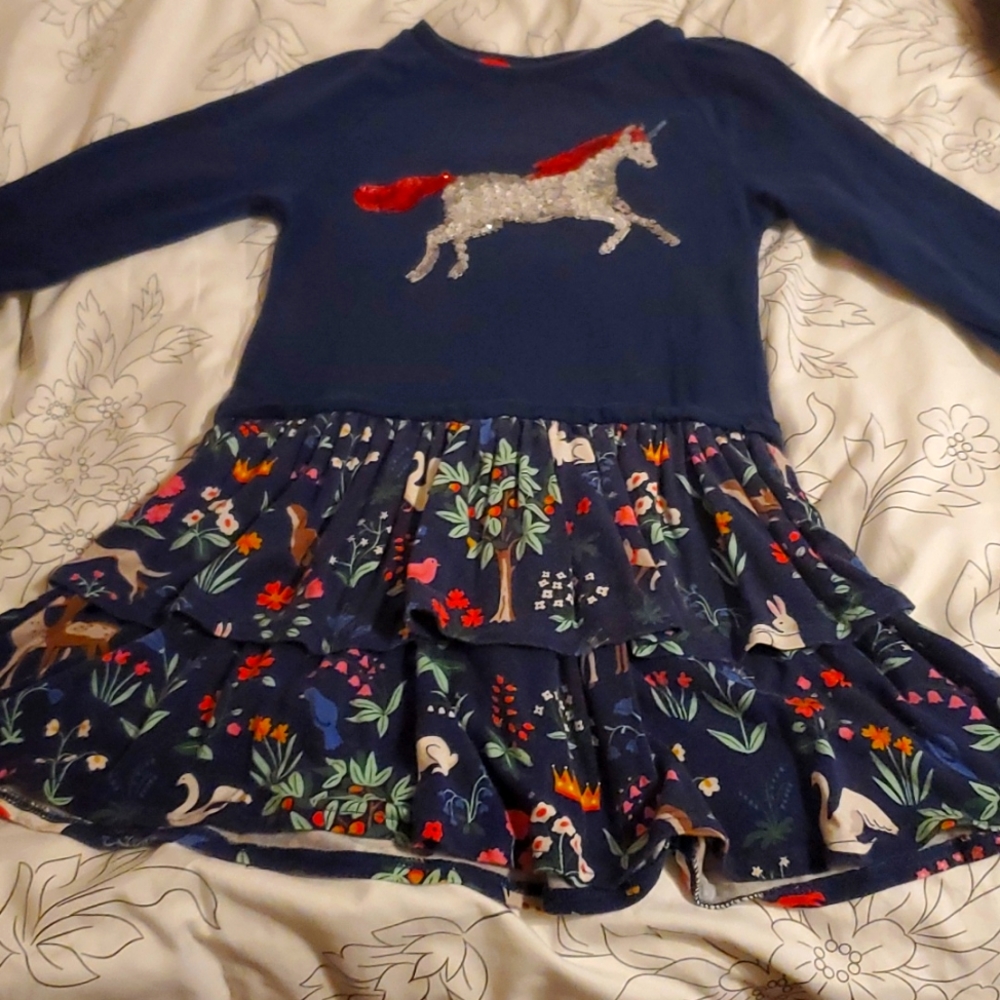 Mini Boden Navy Blue Unicorn Sequin Dress with Multicolor Floral Skirt